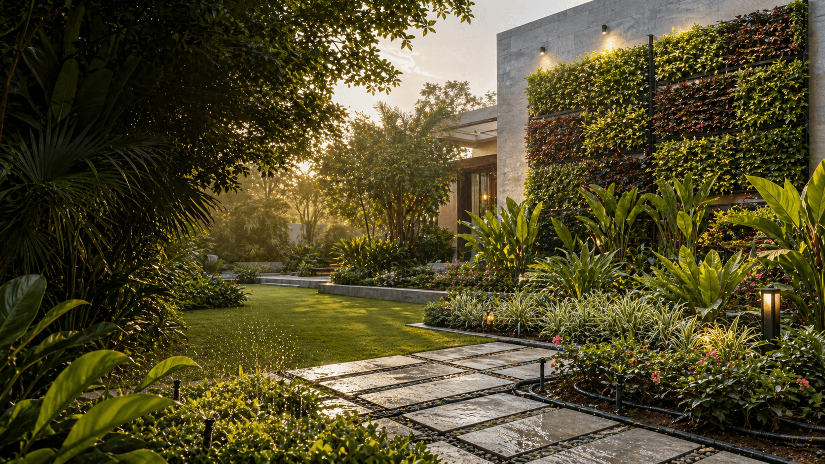 Landscape courtyard with irrigation and vertical garden